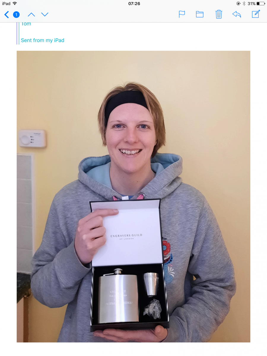 Our fifth 2021 Streak Runner Kristy receiving her well earned Finishers Hip Flask